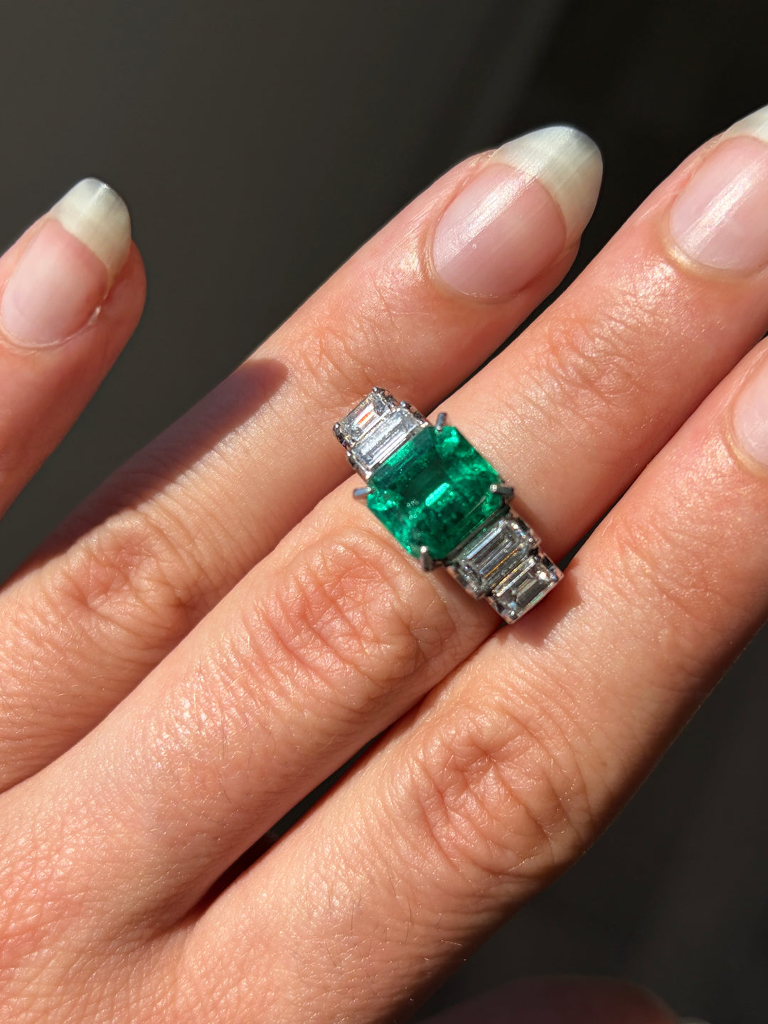 Platinum Emerald & Step Cut Diamond Ring | 4.21ctw | Solid Platinum PT900 | Vintage c.1980s