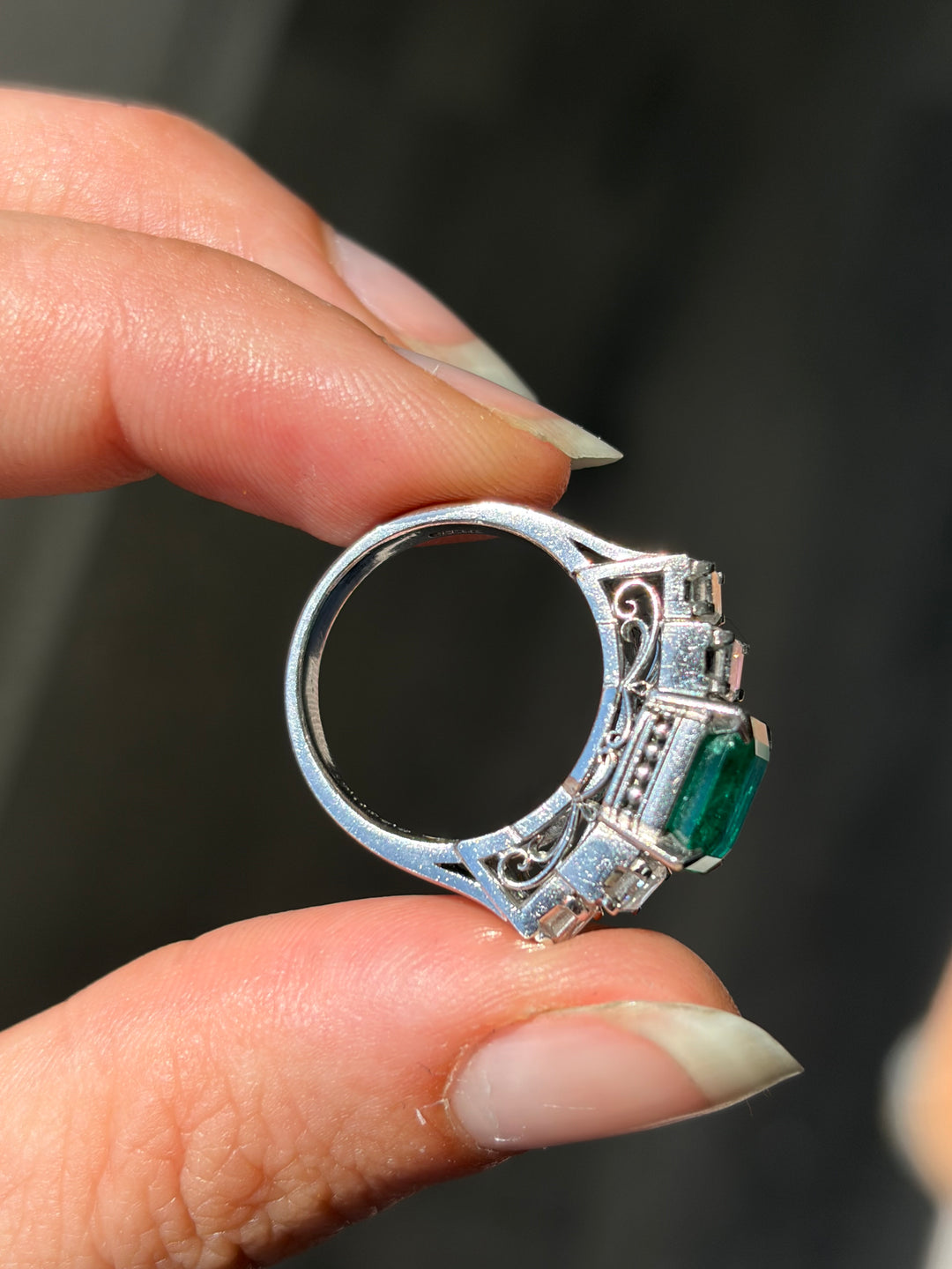 Platinum Emerald & Step Cut Diamond Ring | 4.21ctw | Solid Platinum PT900 | Vintage c.1980s