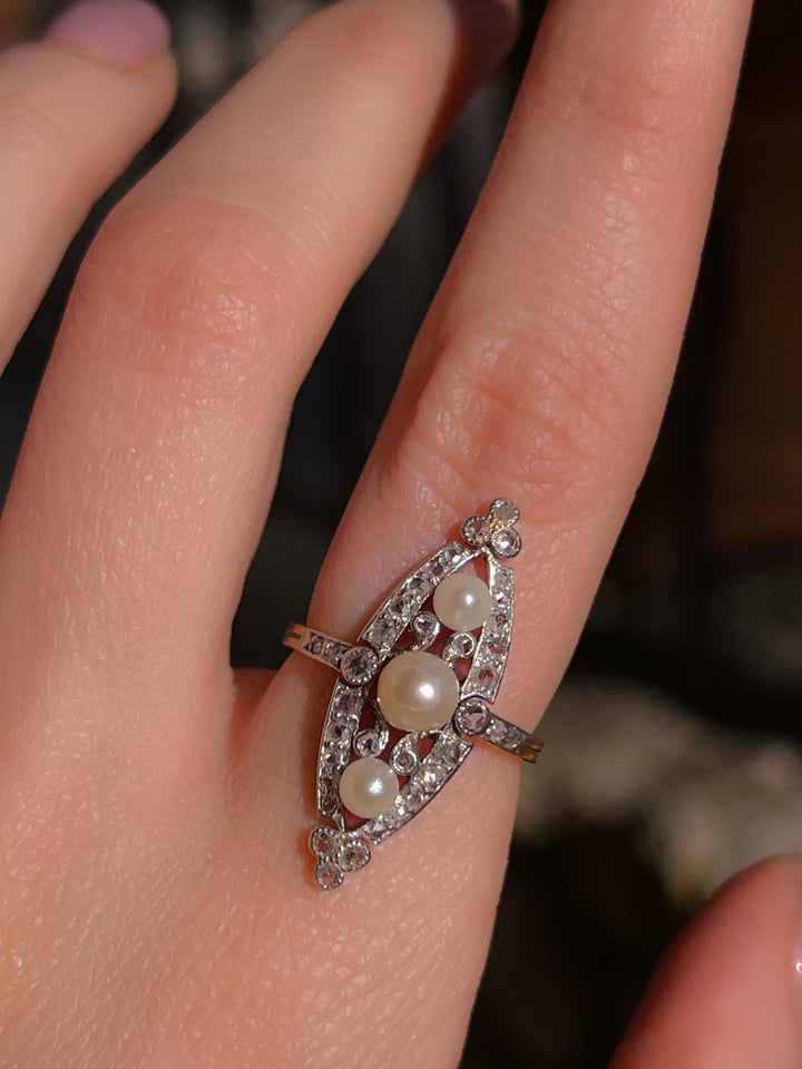French Belle Époque Platinum and Diamond Navette With Pearls