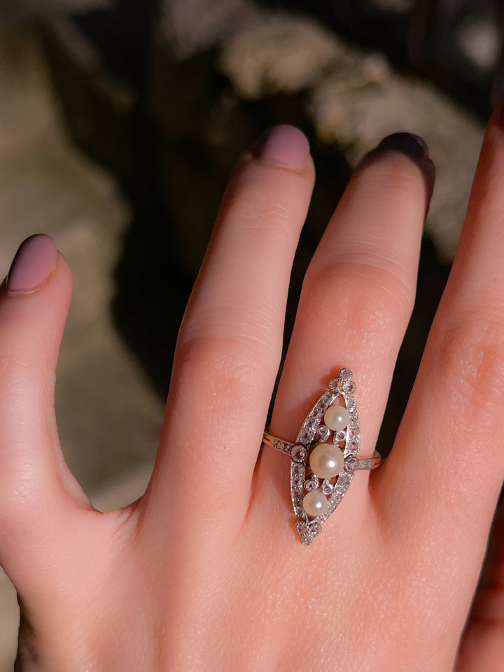 French Belle Époque Platinum and Diamond Navette With Pearls