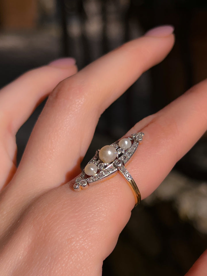 French Belle Époque Platinum and Diamond Navette With Pearls
