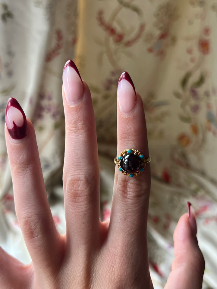 Garnet Cabochon and Turquoise Victorian Revival Cluster Ring