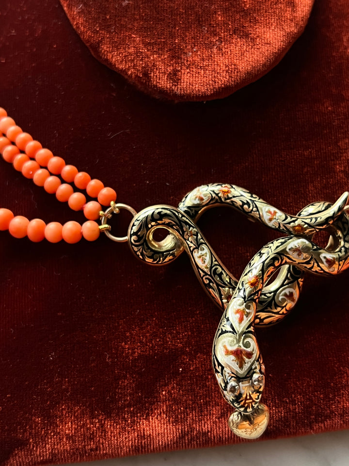 Outstanding Coral and Enamel Snake Necklace c. 1830