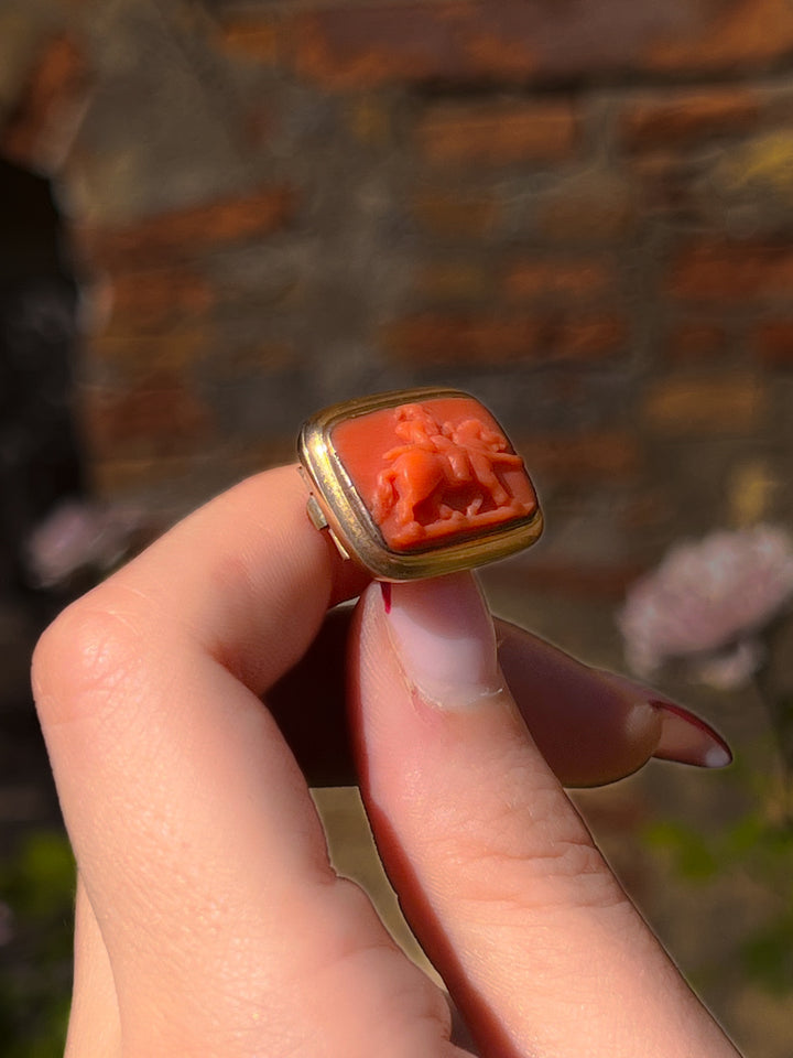 Georgian Coral Cameo Brooch of Mounted Hunter