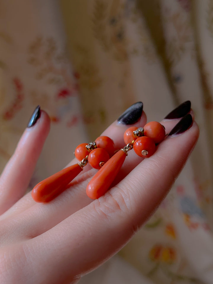 Stunning Pair of 1930's Coral Drop Earrings in 14ct