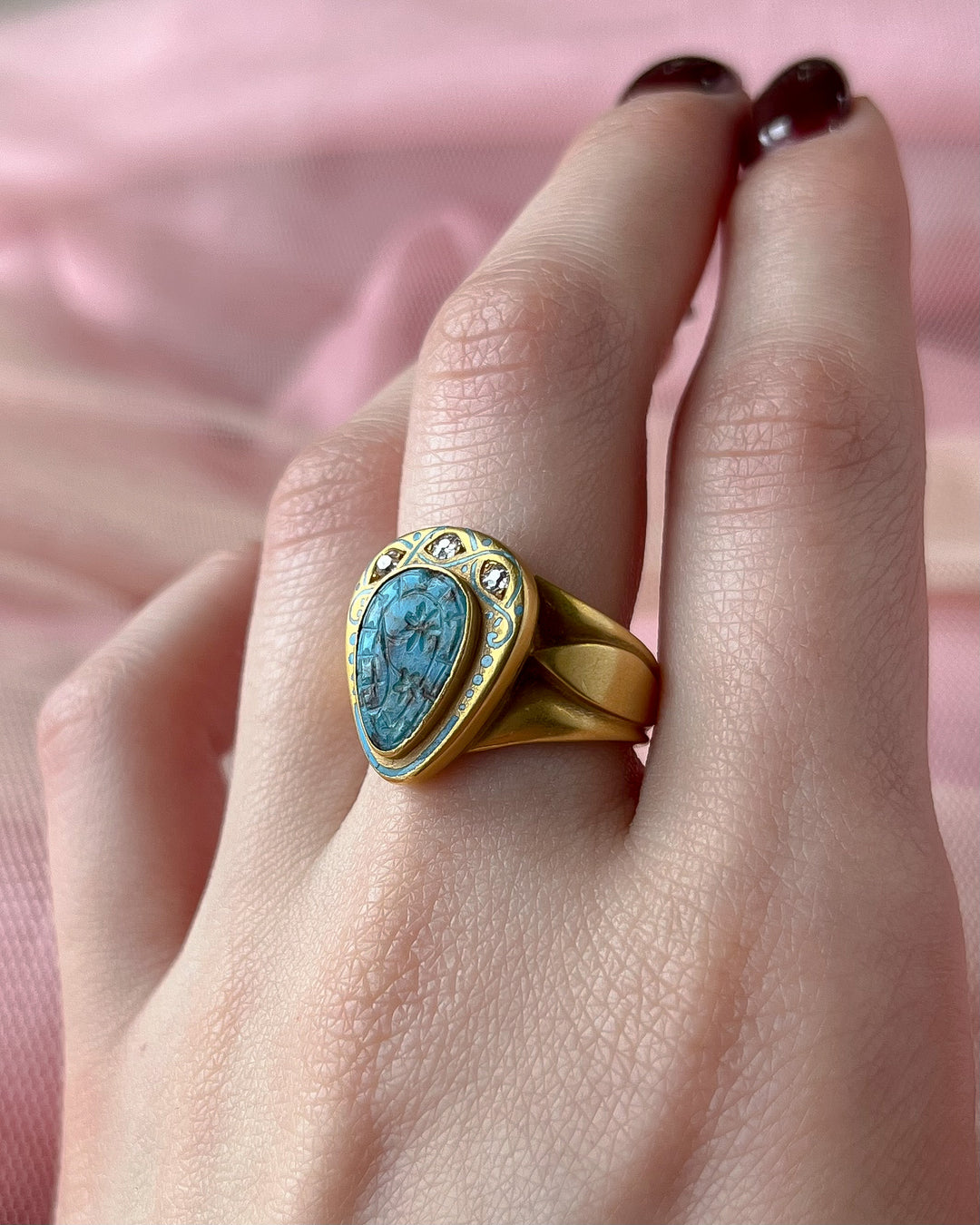 Stunning French Egyptian Revival Art Nouveau Turquoise Signet Ring