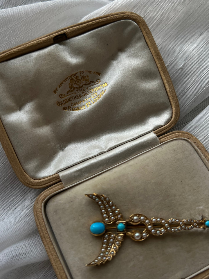Stunning 18ct Turquoise and Pearl Caduceus Brooch C 1905