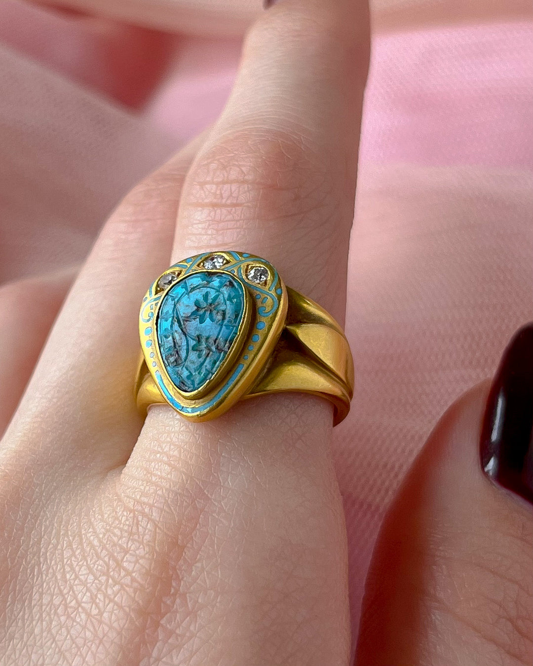 Stunning French Egyptian Revival Art Nouveau Turquoise Signet Ring