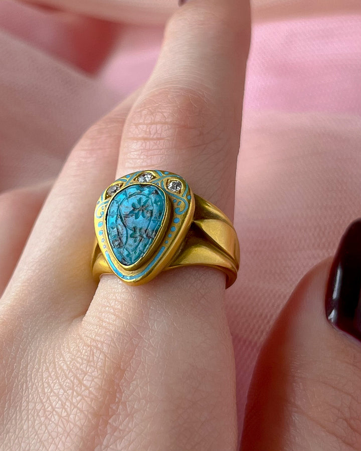 Stunning French Egyptian Revival Art Nouveau Turquoise Signet Ring