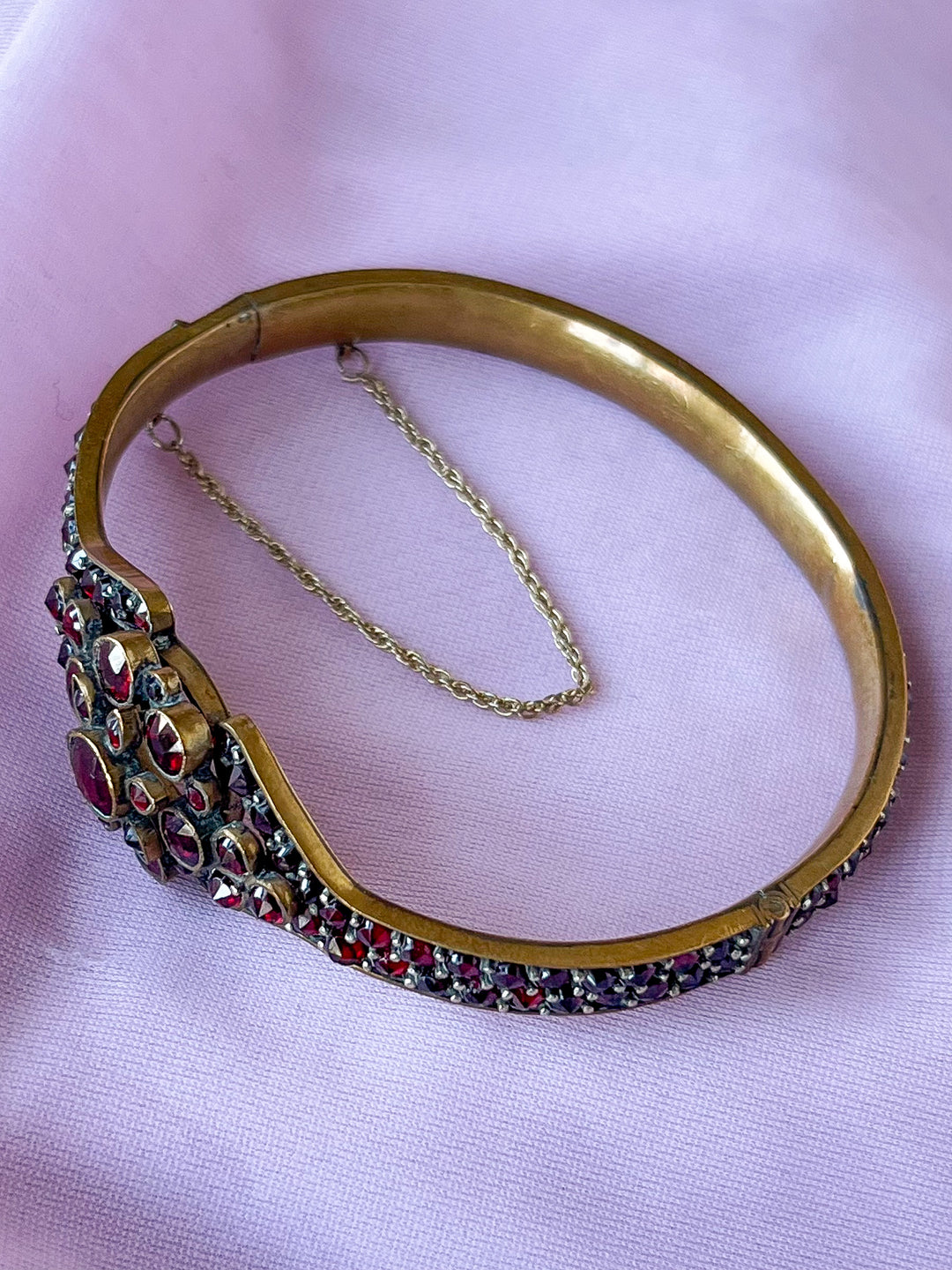 Lovely Bohemian Garnet Bangle Bracelet with Cartouche Medallion c. 1890