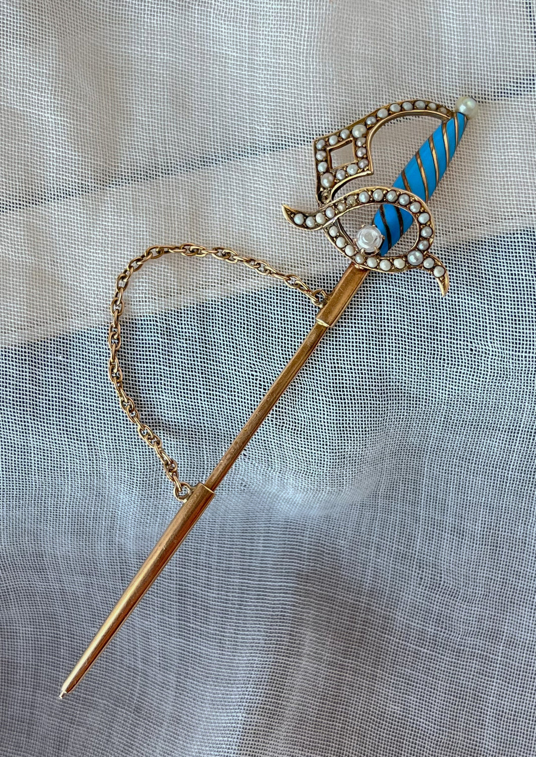 Darling Blue Enamel and Pearl Jabot Pin in 15ct Gold