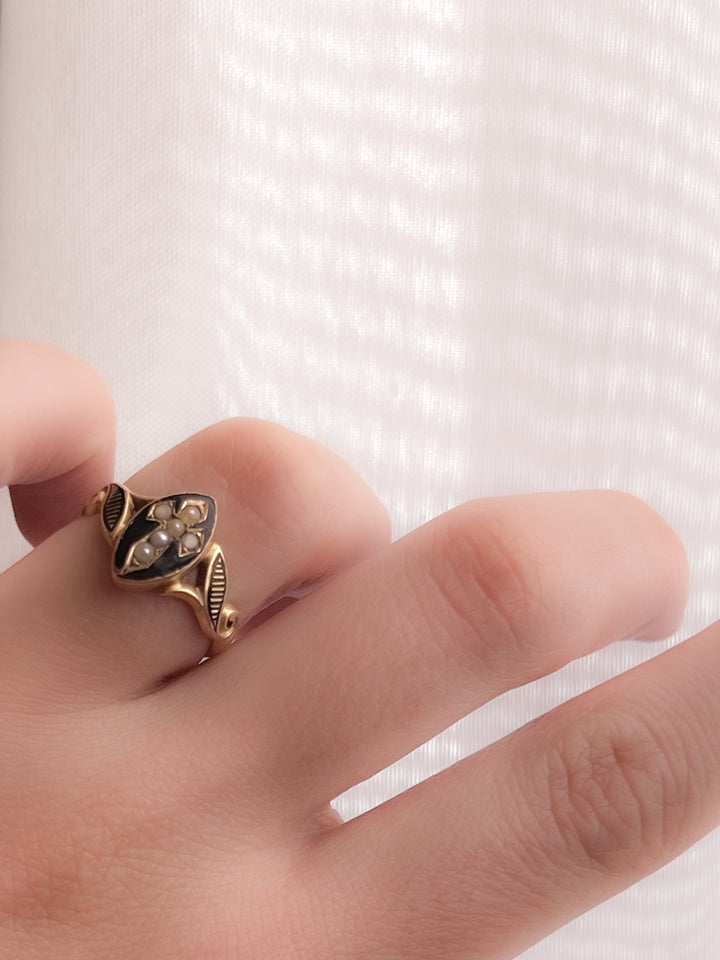 15ct Victorian Gothic Enamel and Pearl Cross Ring