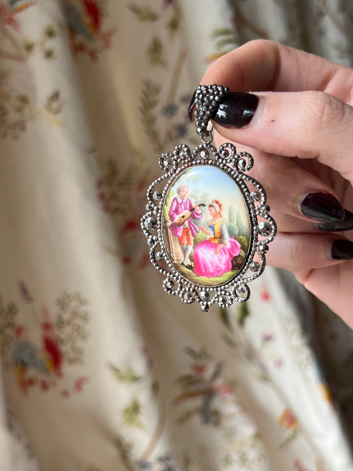 Rare Cut Steel Enamel Miniature Pendant Circa 1830