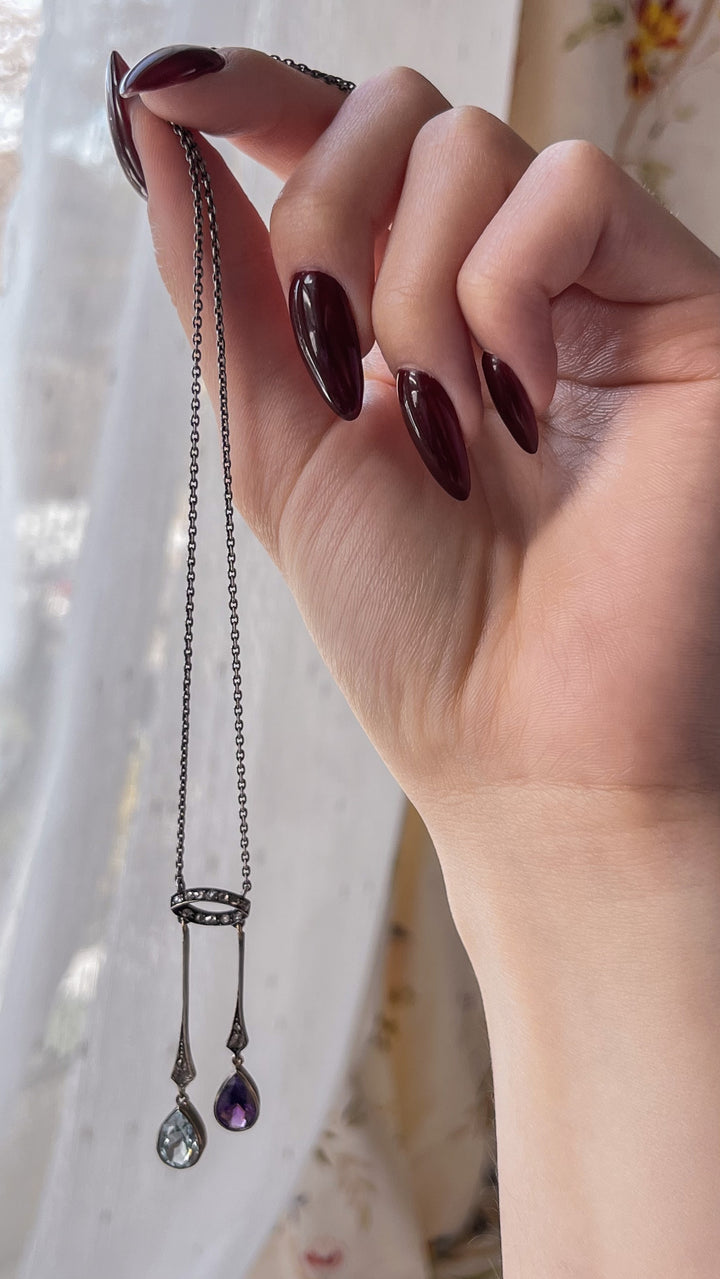 Dainty Aquamarine, Amethyst, and Diamond Lavaliere Necklace