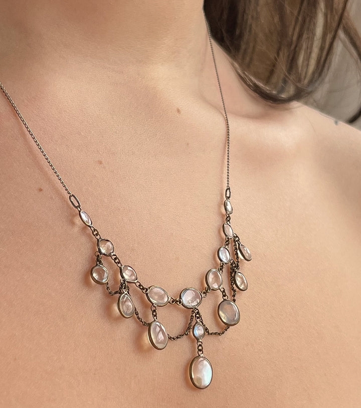 Edwardian Sterling Silver And Moonstone Fringe Necklace C. 1910