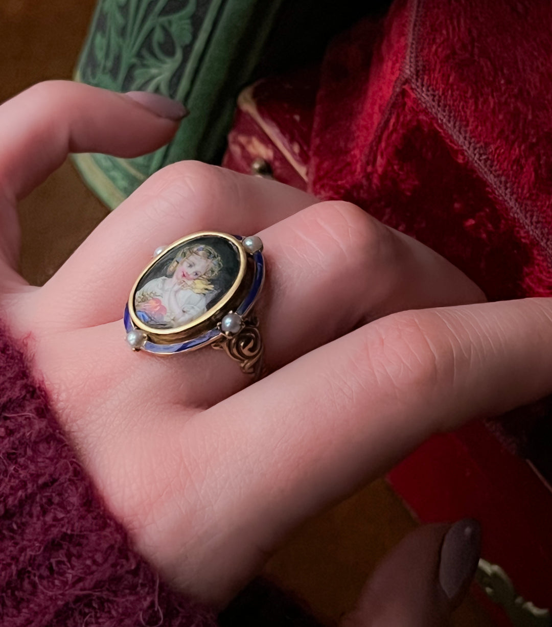 Enamel Portrait Ring of Young Girl with European Goldfinch