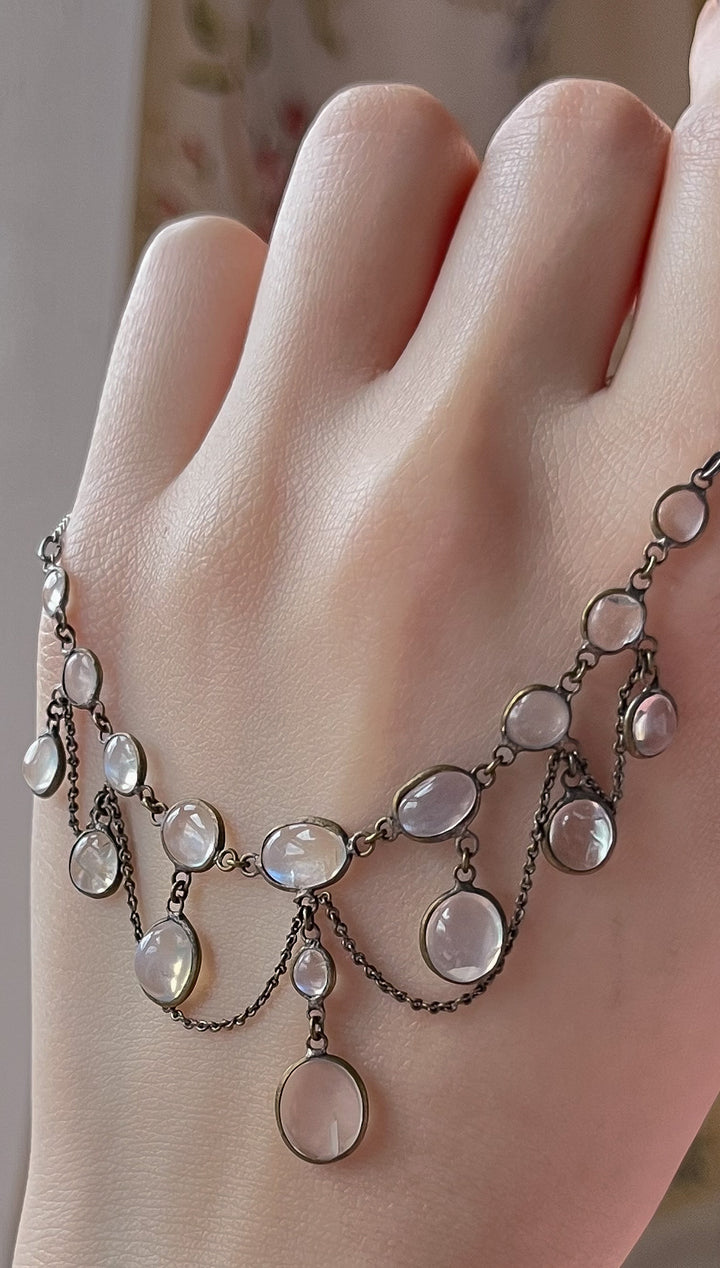 Edwardian Sterling Silver And Moonstone Fringe Necklace C. 1910