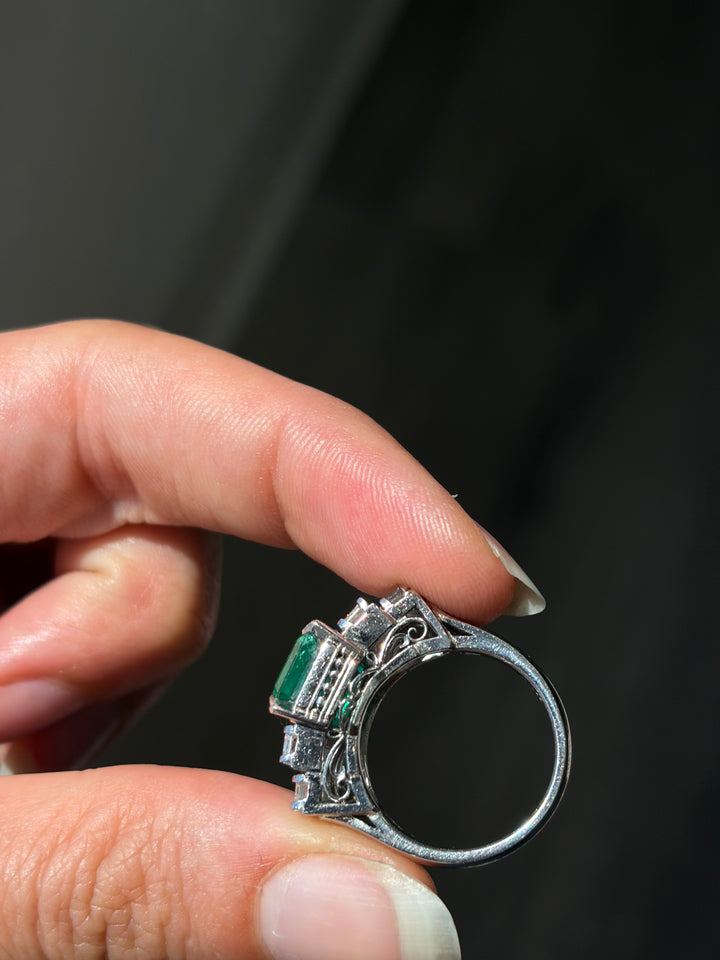 Platinum Emerald & Step Cut Diamond Ring | 4.21ctw | Solid Platinum PT900 | Vintage c.1980s
