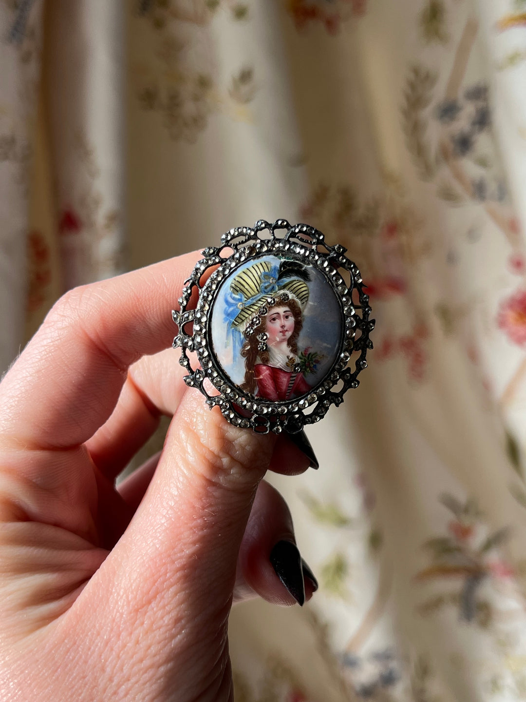 Sterling Silver 18th Century Portrait Brooch With Paste Garland and Halo