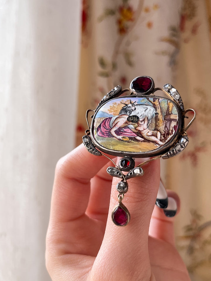 Porcelain Brooch Miniature of Zeus and Almatheia In Crete With Garnets and Diamonds