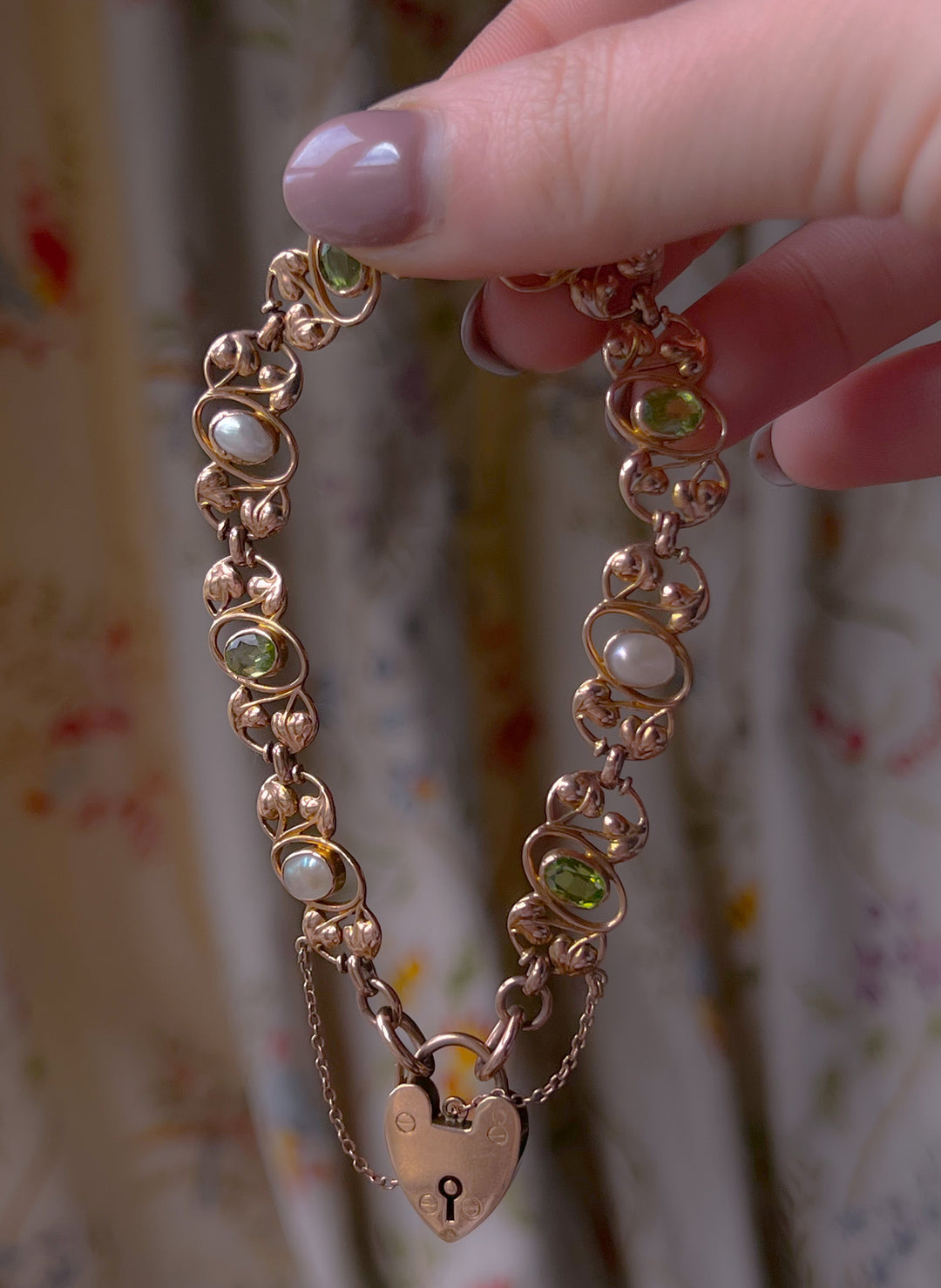 Rare Peridot + Pearl Padlock Bracelet in 9ct