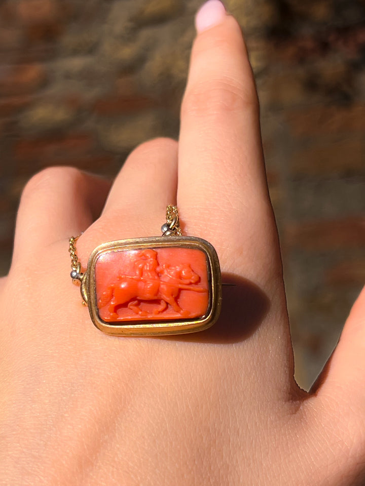 Georgian Coral Cameo Brooch of Mounted Hunter