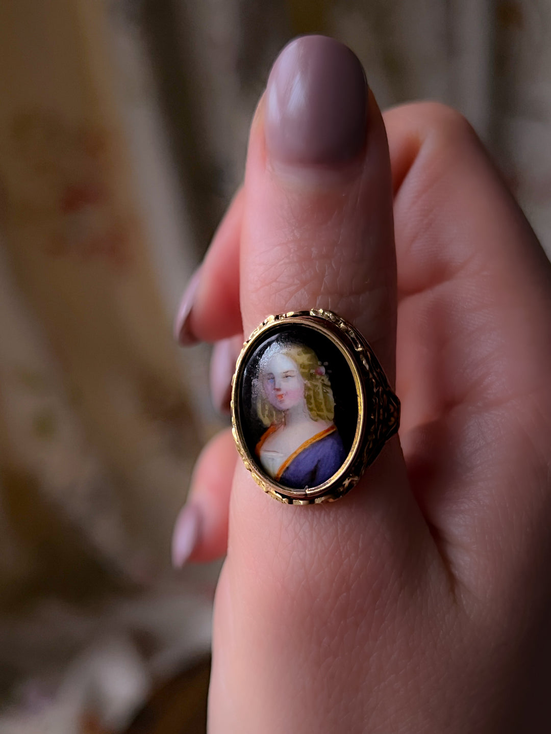 Enamel Portrait Ring of Young Girl Circa 1860