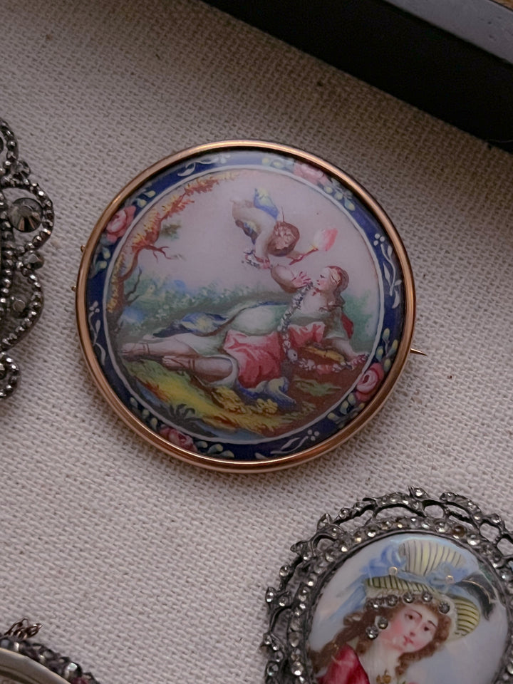 Rare French 19th C Brooch of Cupid with His Victim
