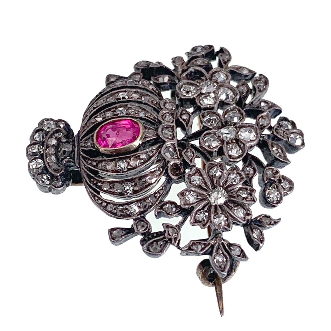 Stunning Early 20th C Diamond and Ruby Giardinetti Brooch