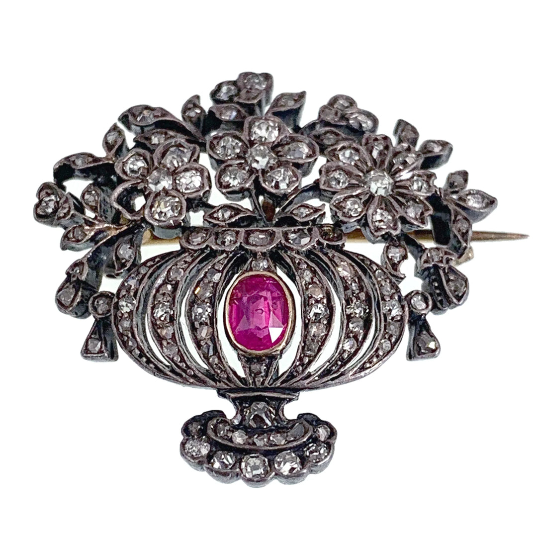 Stunning Early 20th C Diamond and Ruby Giardinetti Brooch