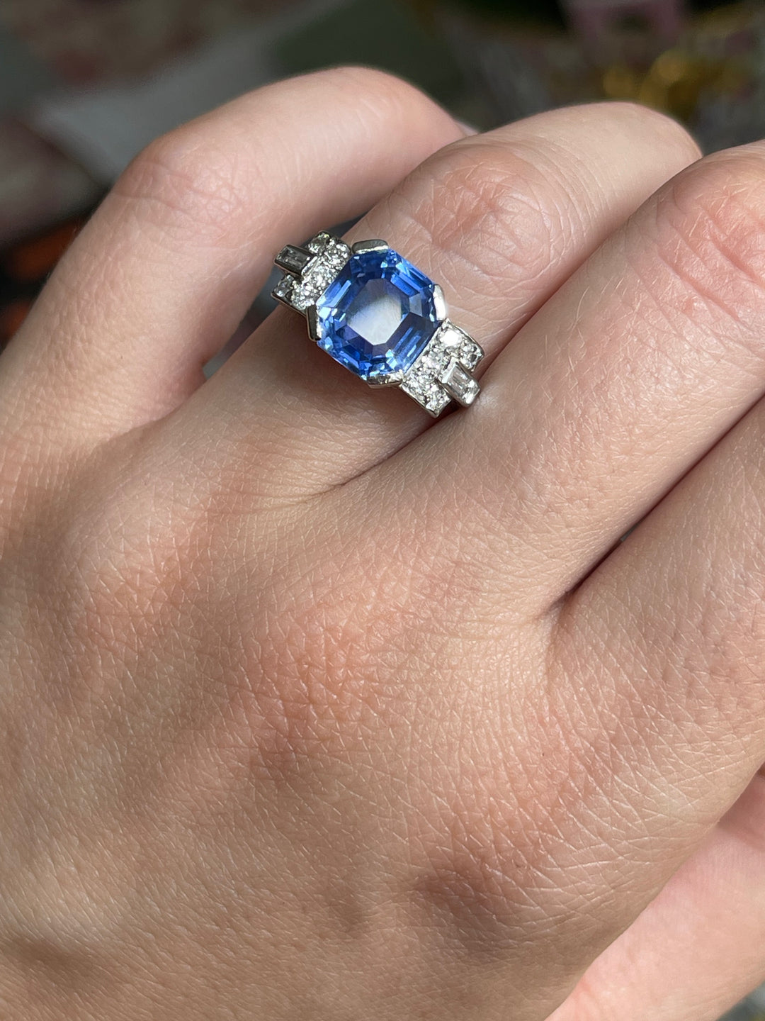 French Art Deco Unheated Ceylon Sapphire Ring | 5.45ct Octagonal Cut | Platinum | c.1925