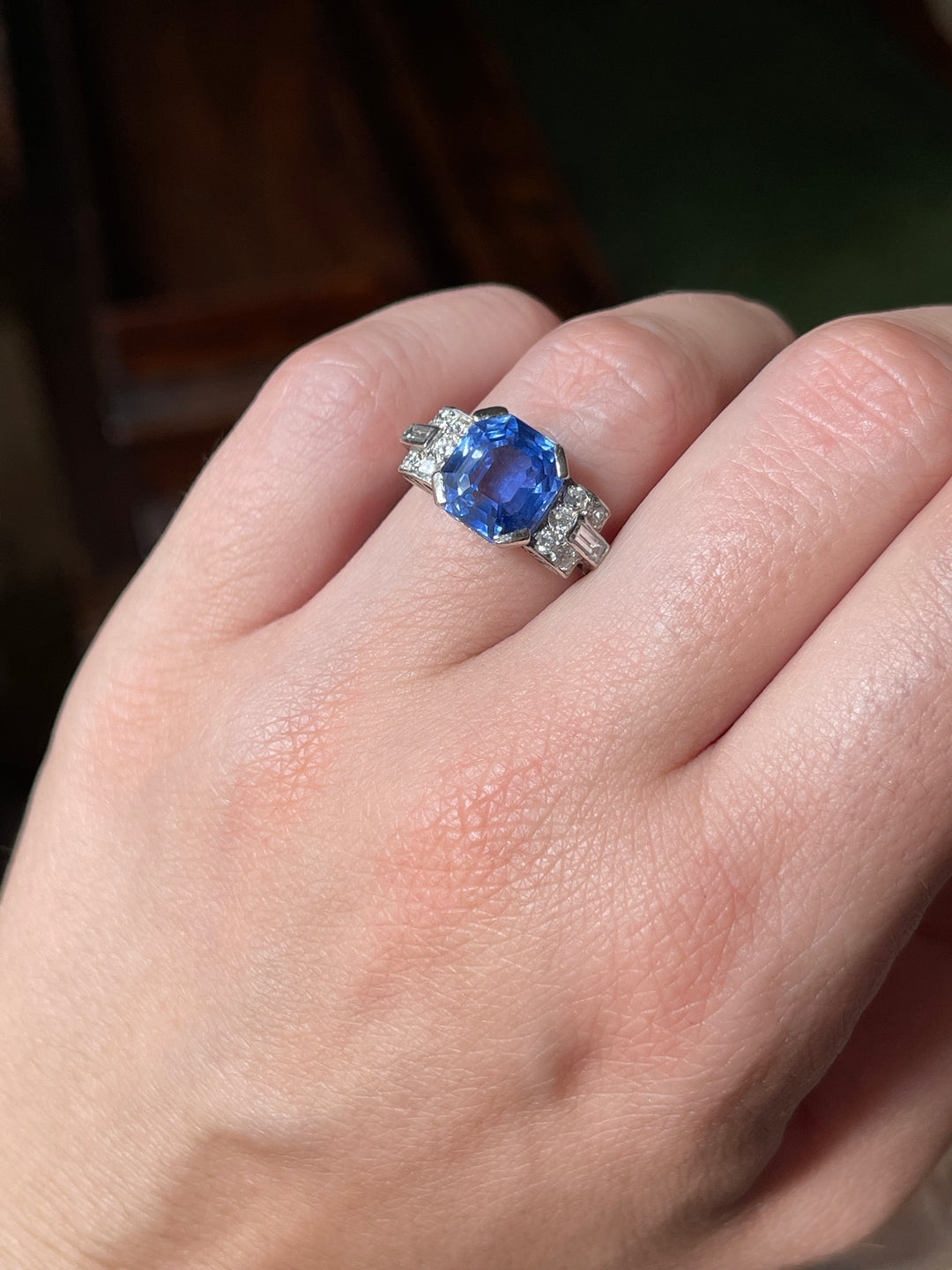 French Art Deco Unheated Ceylon Sapphire Ring | 5.45ct Octagonal Cut | Platinum | c.1925
