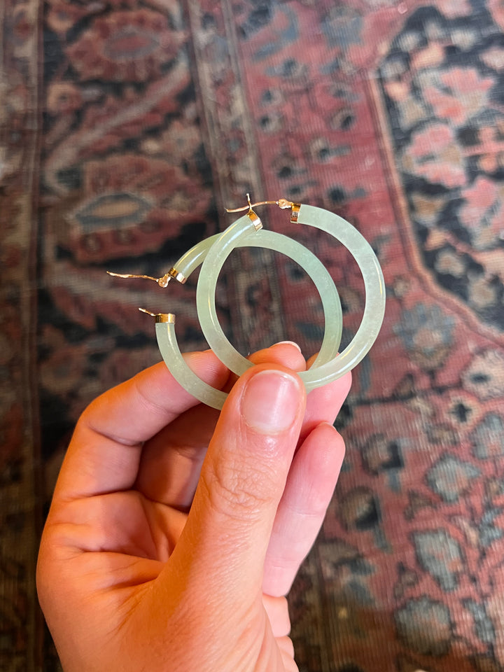 14ct Carved Jade Hoop Earrings