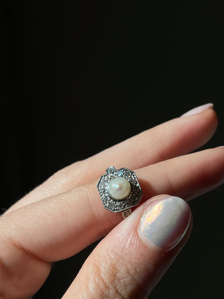 Belle Epoque Diamond, Pearl, Platinum and 18ct Ring Circa 1895
