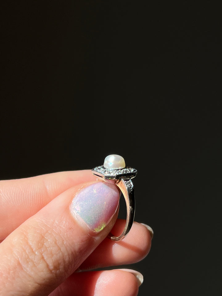 Belle Epoque Diamond, Pearl, Platinum and 18ct Ring Circa 1895