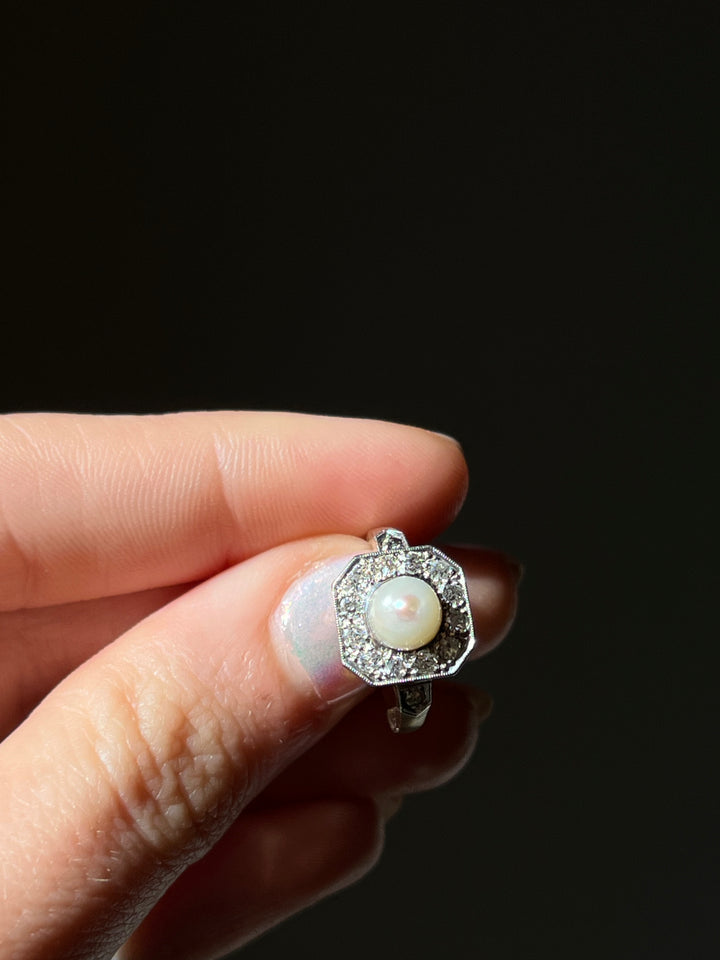 Belle Epoque Diamond, Pearl, Platinum and 18ct Ring Circa 1895