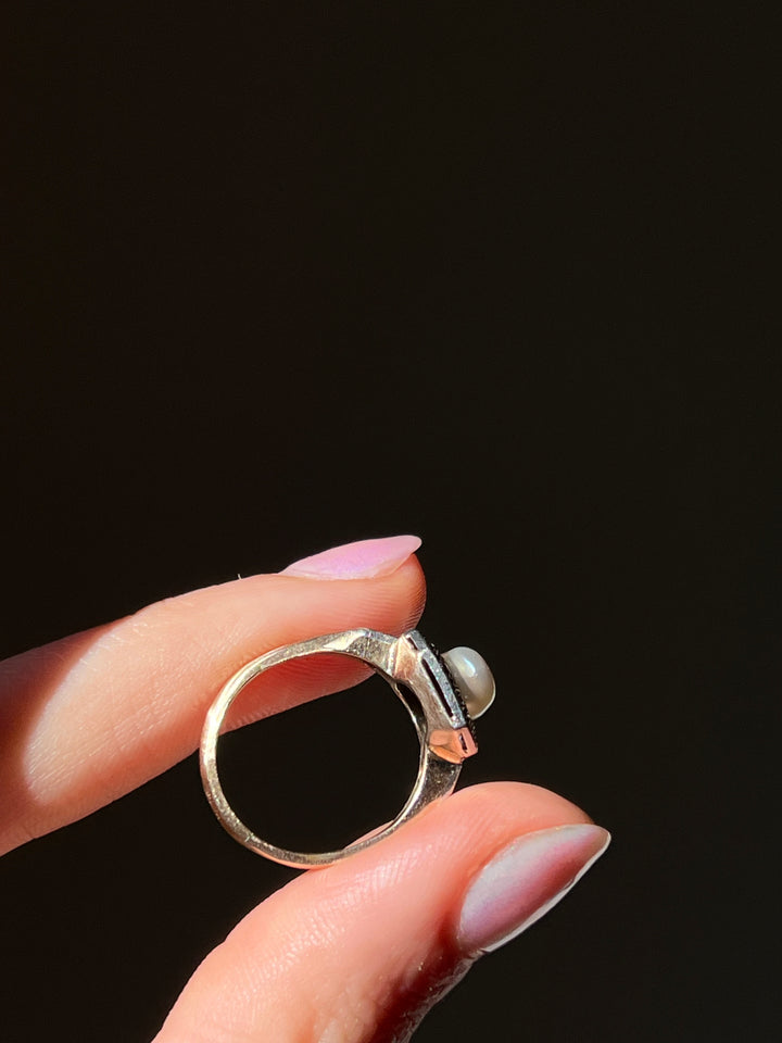 Belle Epoque Diamond, Pearl, Platinum and 18ct Ring Circa 1895