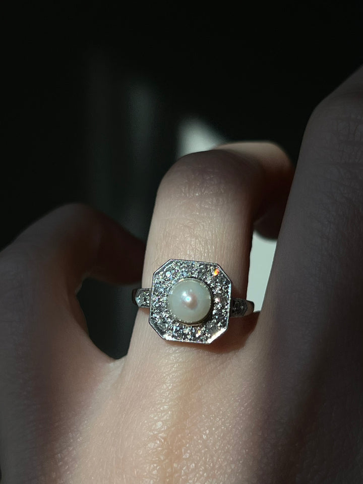 Belle Epoque Diamond, Pearl, Platinum and 18ct Ring Circa 1895