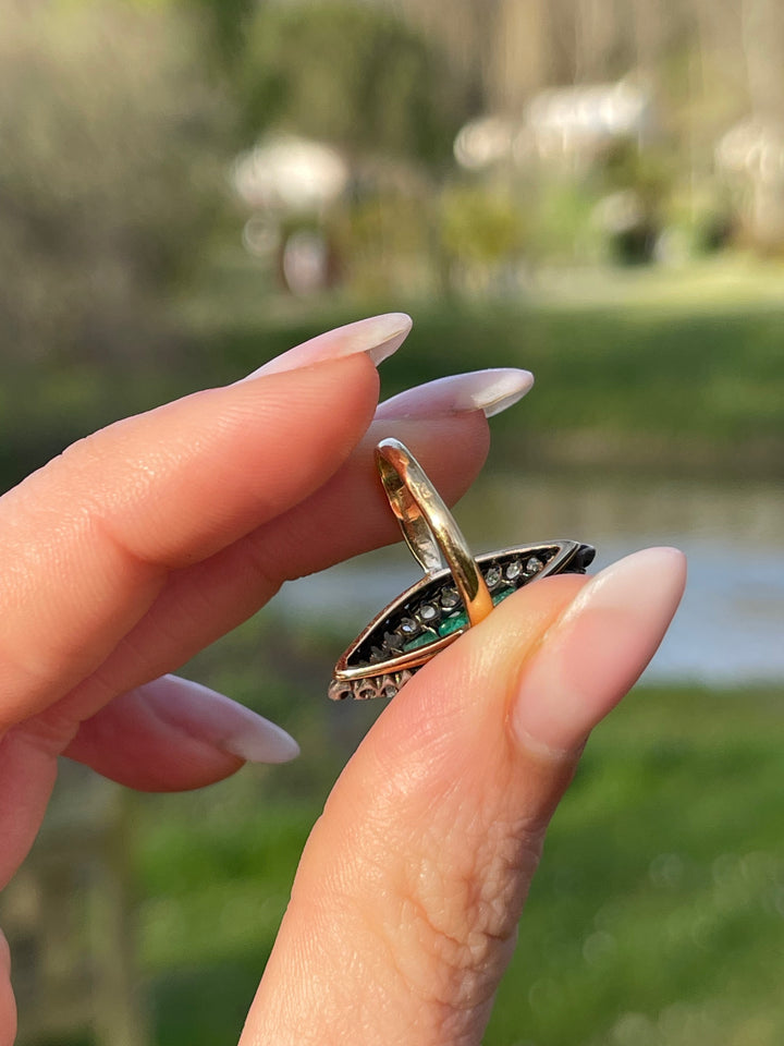 Emerald & Rose Cut Diamond Navette Ring