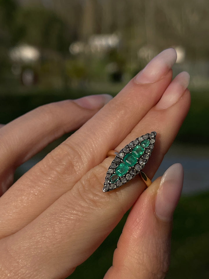 Emerald & Rose Cut Diamond Navette Ring