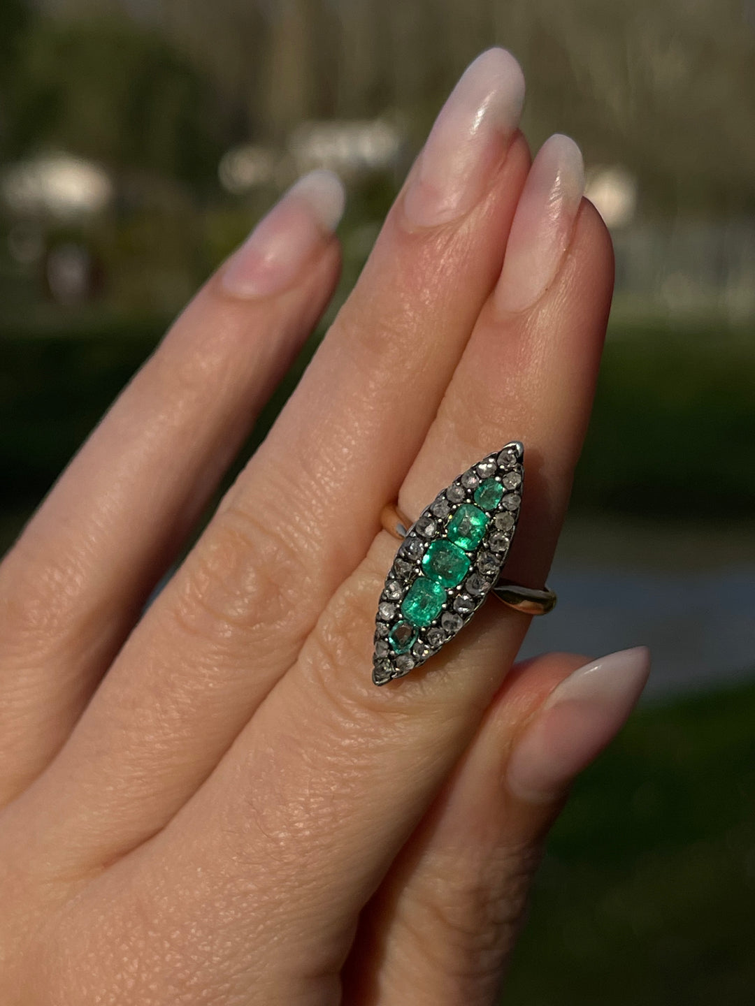 Emerald & Rose Cut Diamond Navette Ring