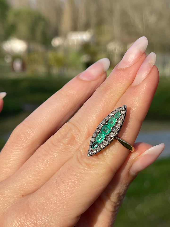 Emerald & Rose Cut Diamond Navette Ring