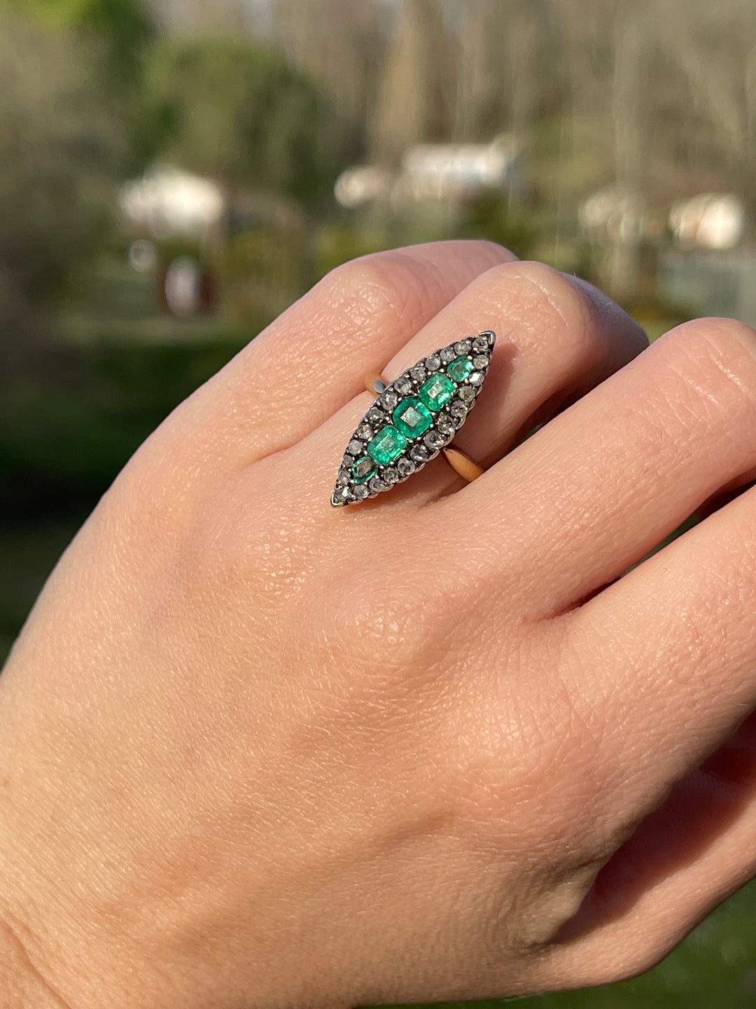 Emerald & Rose Cut Diamond Navette Ring