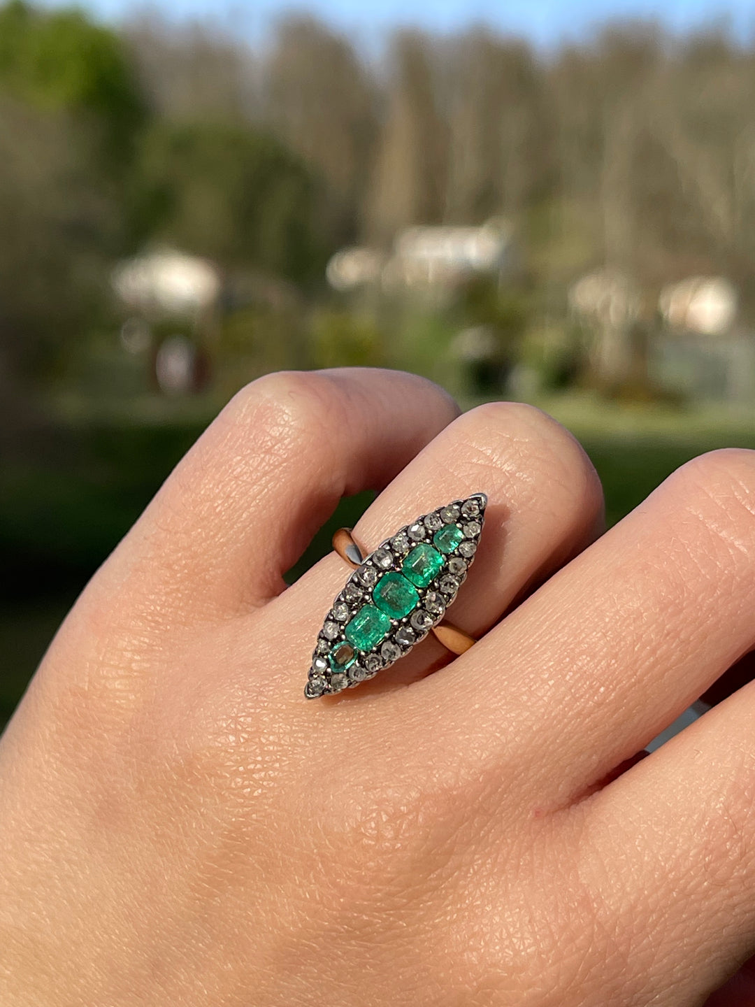 Emerald & Rose Cut Diamond Navette Ring