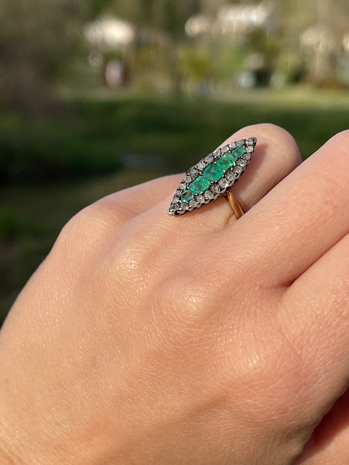 Emerald & Rose Cut Diamond Navette Ring