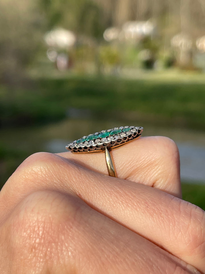 Emerald & Rose Cut Diamond Navette Ring