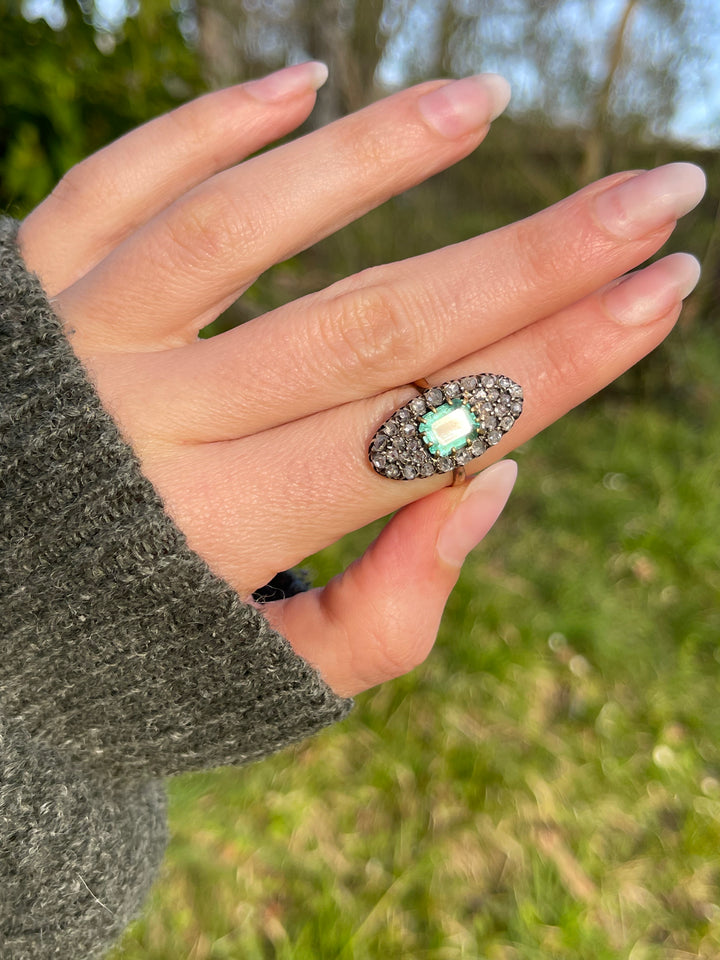 Napoleon III Emerald 1.95ct & Rose Cut Diamond Navette Ring
