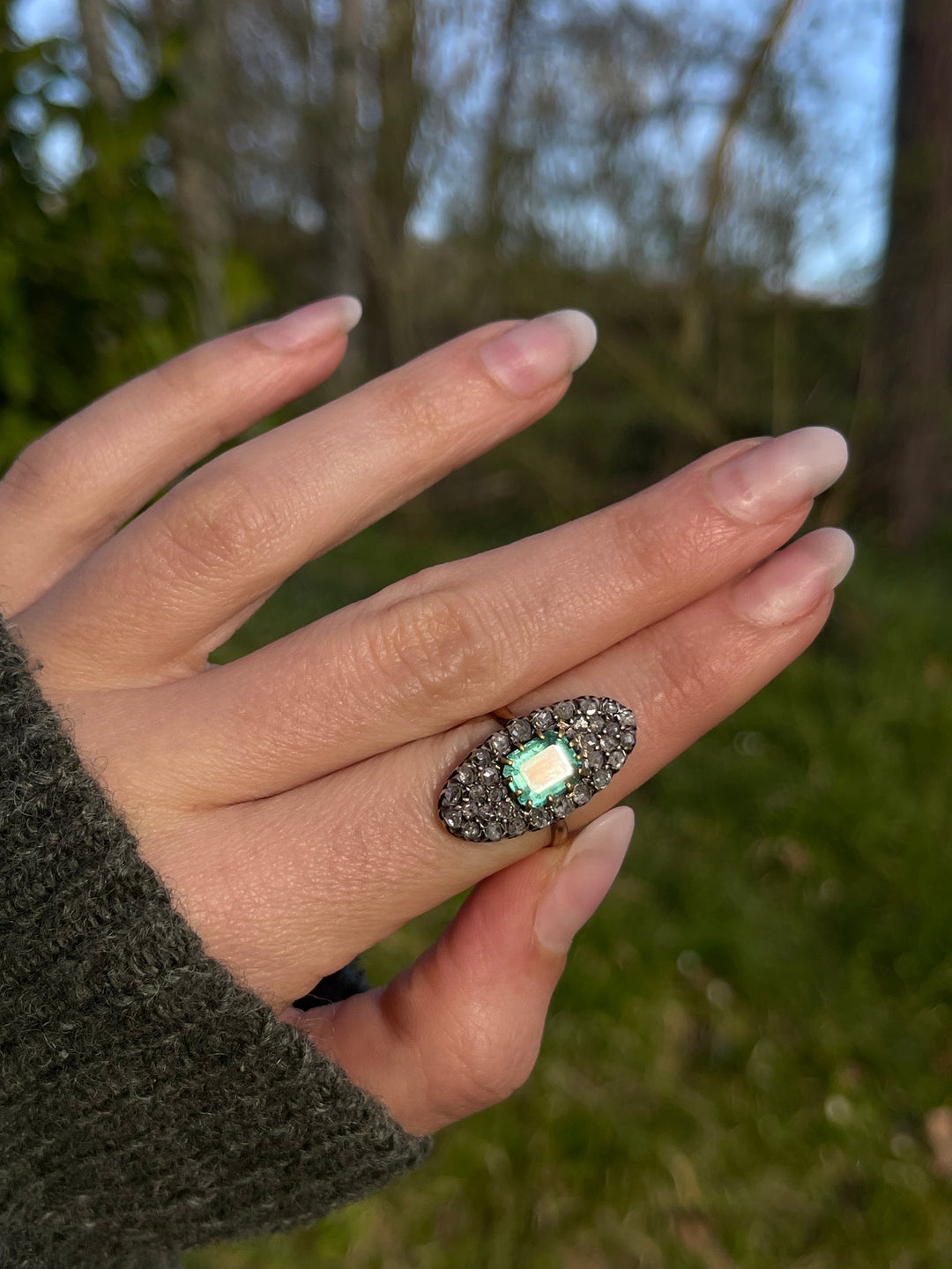 Napoleon III Emerald 1.95ct & Rose Cut Diamond Navette Ring