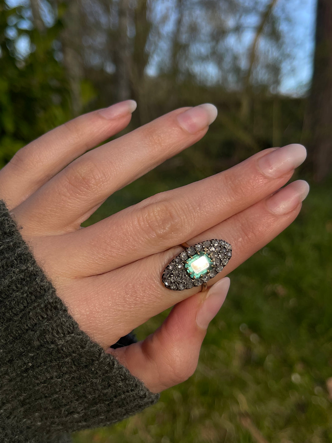 Napoleon III Emerald 1.95ct & Rose Cut Diamond Navette Ring