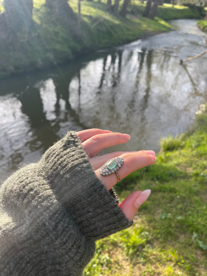 Napoleon III Emerald 1.95ct & Rose Cut Diamond Navette Ring